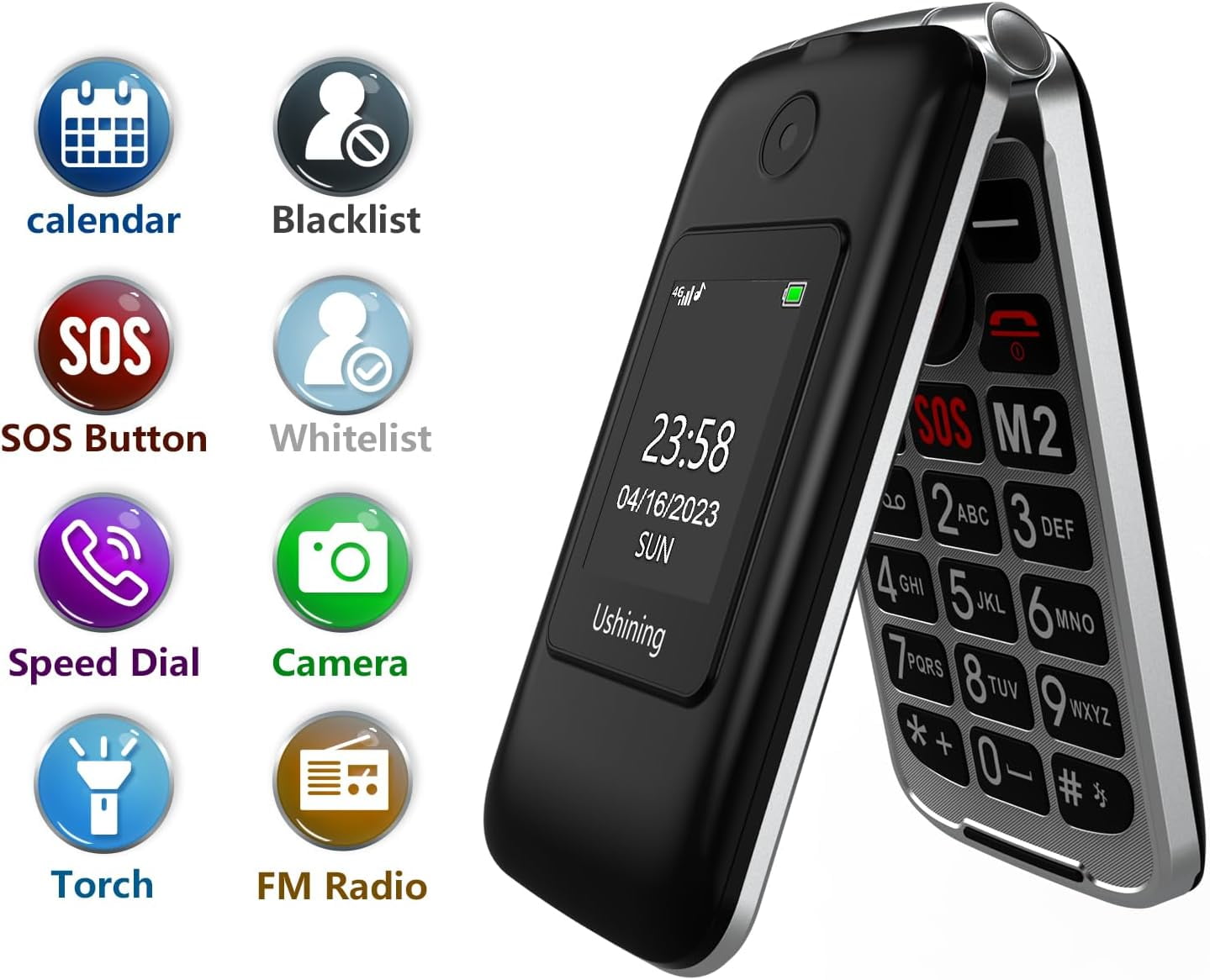 4G Elderly Portable No Contract Foldable Portable Simple Big Button Elderly Mobile Phone with Charging Station Emergency Call Button Dual SIM Card Free 1200Mah Battery