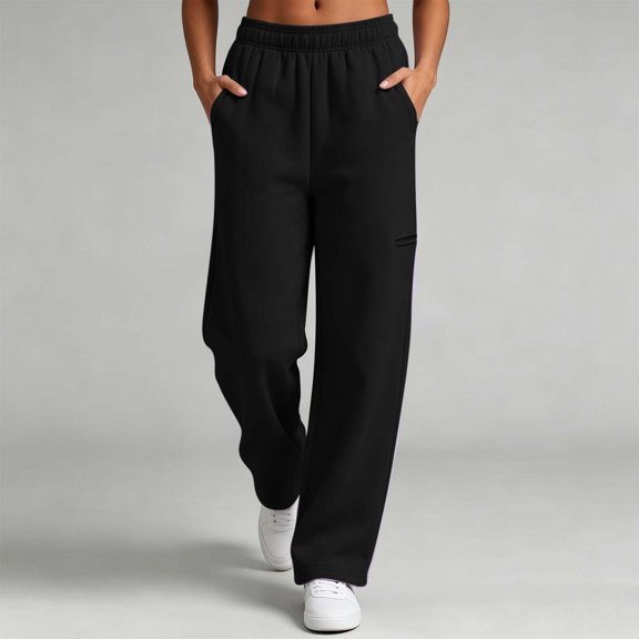 BRELIL Women's Straight Leg Elastic Waist Lounge Pants with Pockets Solid Casual Long Sweatpants Travel Vacation Trousers, Black L
