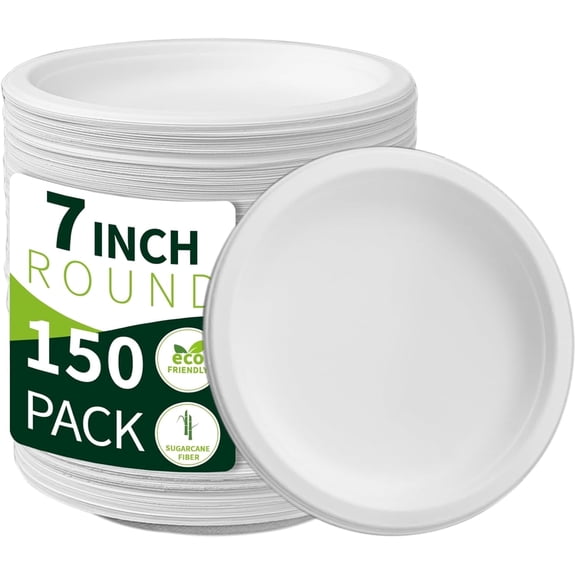 7 Inch Compostable Paper Plates 【White 150 Pack】, 100% Sugarcane Bagasse Small Dessert Plates, Bulk Disposable Plates, Sturdy Heavy Duty, Biodegradable Dinnerware for Party, Picnic, BBQ