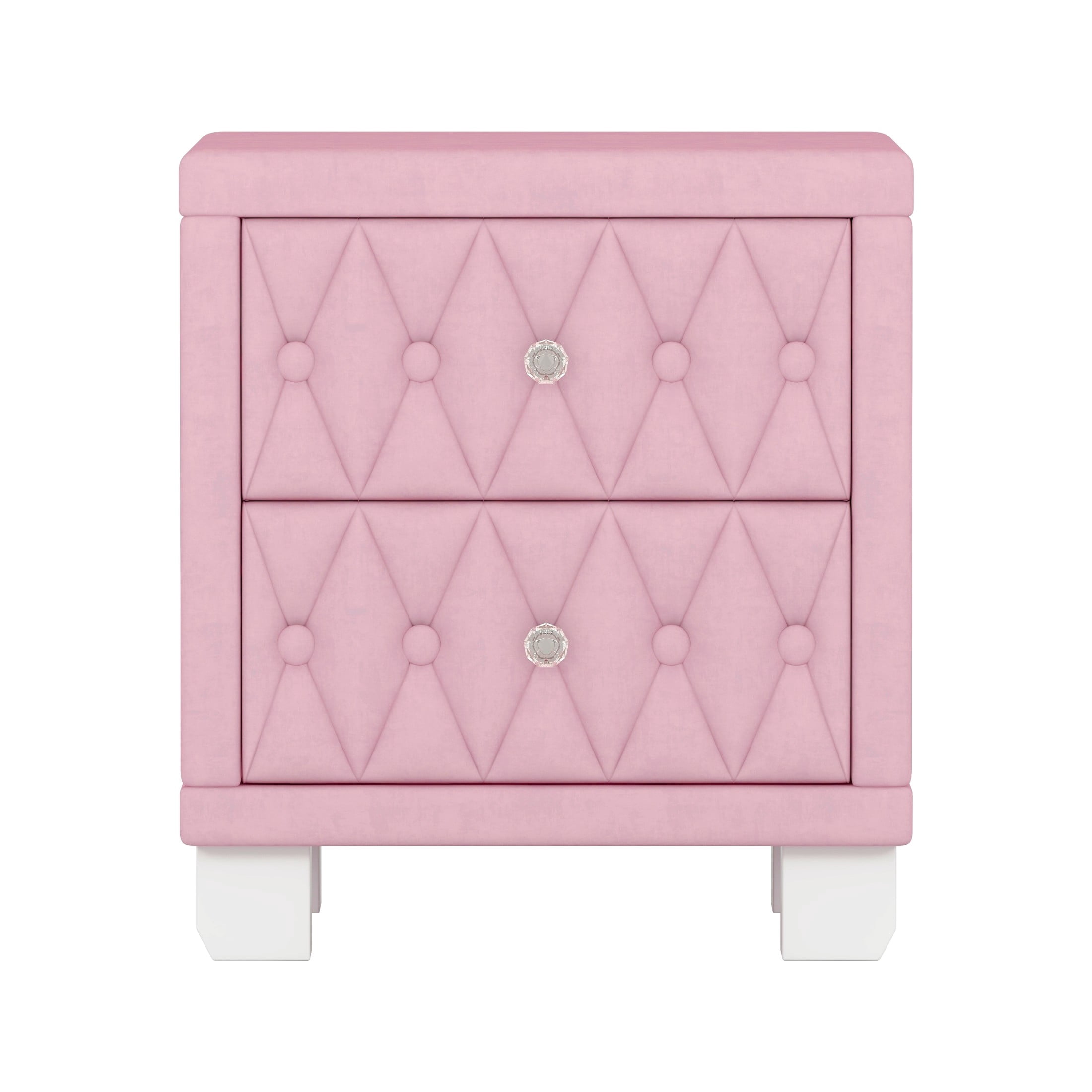 GDF Studio Alley Elegant Velvet 2-Drawer Nightstand with Crystal Handles, Button-Tufted Storage Bedside Table, Pink