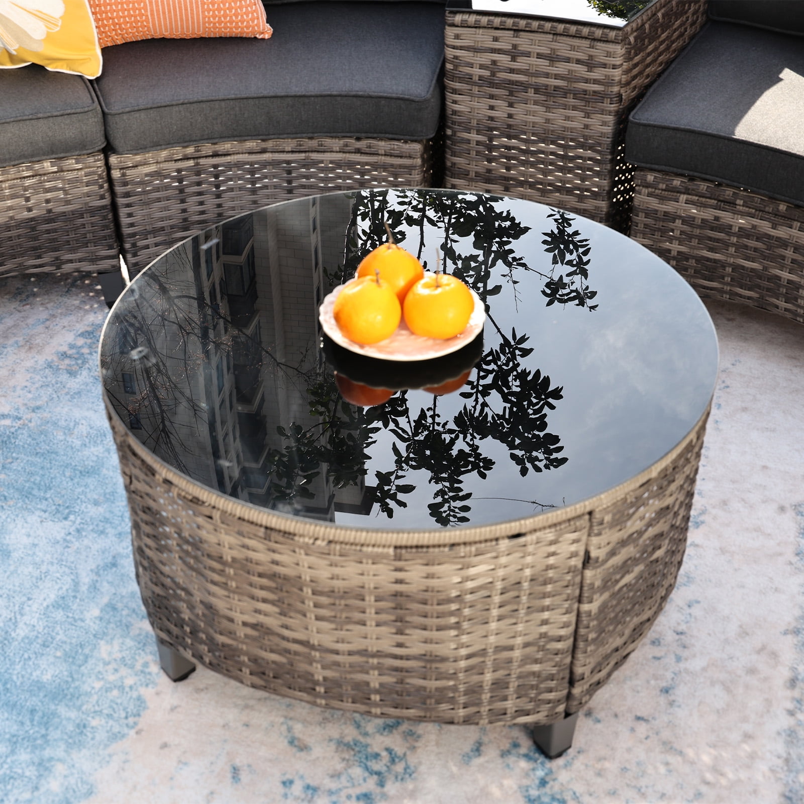 MEISSALIVVE 6 Piece Outdoor Patio Furniture Set, Half-Moon Curved Rattan Conversation Set with Wood Armrests, Round Coffee Table & Side Table(Grey)