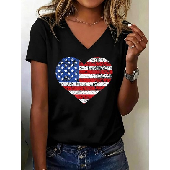 American Flag Heart Shirt, USA America 4th of July Gift Women Kids Men V Neck T-Shirt Cotton V Neck Tee, Patriotic Shirt, USA Flag Graphic, Fourth of July Outfit