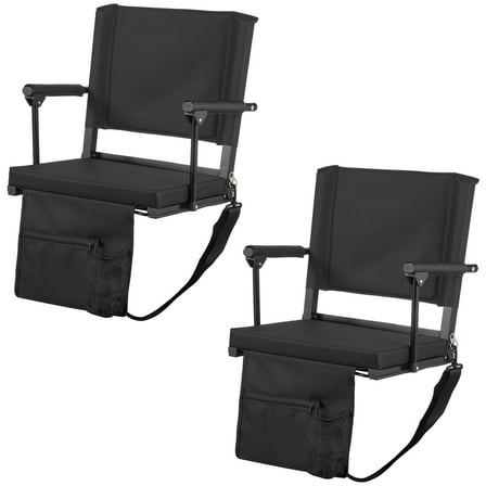 KFFKFF Portable Stadium Seat with Armrests, Back Support, and Thick Cushion, Bleacher Chair with Shoulder Strap, Hooks, and Cup Holder, Black Bench Seats for Sports Events, 2PCS