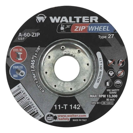 

Walter 11T142 4-1/2x3/64x7/8 ZIP WHEEL High Performance Cut-Off Wheels Type 27 A60 Grit 25 pack