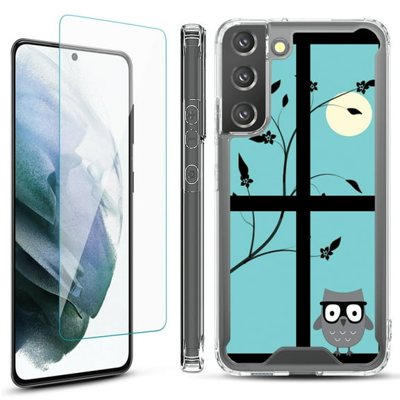 Shockproof Bumper Phone Case for Samsung Galaxy S22  / S22 Plus 5G, with Tempered Glass Screen Protector, by OneToughShield ® - Moon Owl