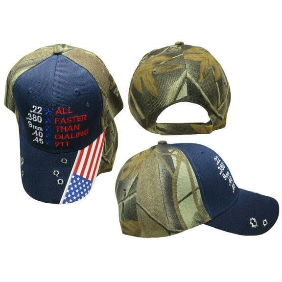 .22 .380 9mm .40 .45 All Faster Than Dialing 911 Navy Blue Camo Hat Cap