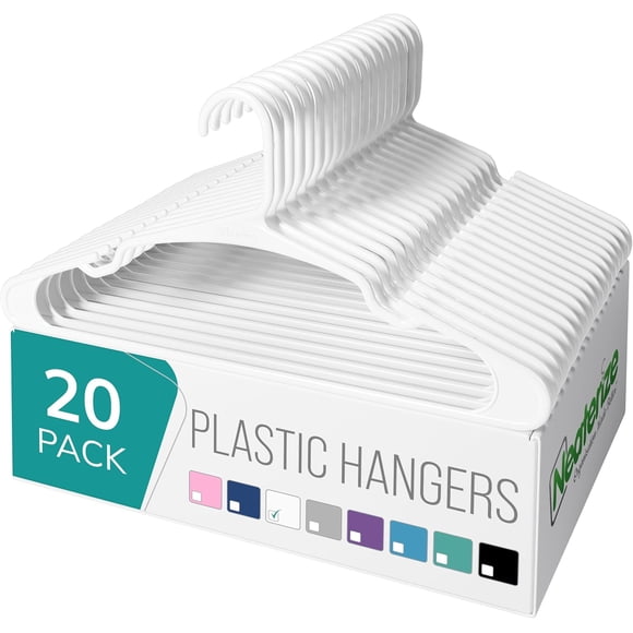 NEATERIZE Cintres en Plastique, Lot de 20 pour Adultes - Cintres en Plastique, le Cintre Parfait et des Cintres Gain de Place pour Garde-Robe, Percheros Ganchos para Colgar Ropa Hangars - Cintres Blancs