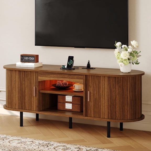 Memoryfield 55" TV Stand for TVs Up to 65", Entertainment Center with LED Lights & Power Outlet, for Living Room, Walnut