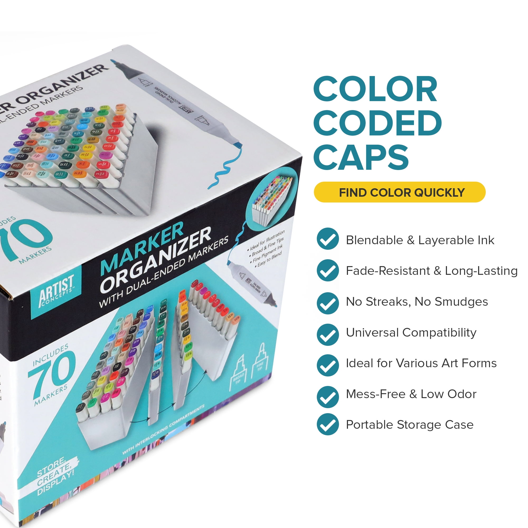 Artist Concepts Interlocking Marker Organizer with 70 Multicolor Dual-Ended Alcohol Markers, White