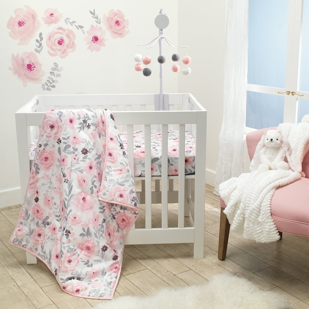 Bedtime Originals Blossom Pink Watercolor Floral 3Piece Mini Crib