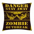 thumbnail image 1 of Zombie Decor Throw Pillow Cushion Cover, Danger Stay Away Outbreak Message Monster Warning Sign Graphic, Decorative Square Accent Pillow Case, 16 X 16 Inches, Chestnut Brown Yellow, by Ambesonne, 1 of 2