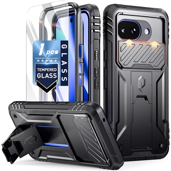 Poetic Revolution Case for Google Pixel 10A, | Slide Camera Cover | Tempered Glass Screen Protector | 20FT Mil-Grade Drop Tested | Full-Body Rugged Dual-Layer Shockproof Cover with Kickstand, Black