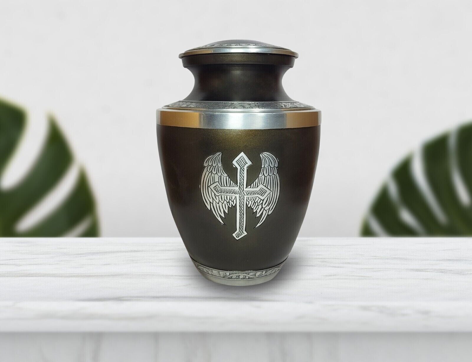 Angel Wing Cremation Urn Dark Green Engraved Funeral Jar Human Pet Ashes Large size urn with velvet bag