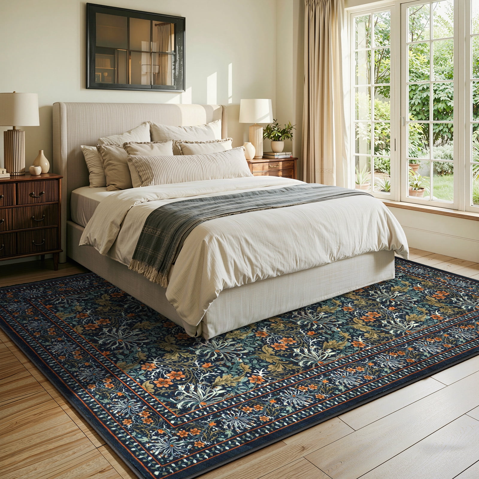 SUNDEREY 8'x10' Vintage Floral Area Rugs for Living Room, Washable Large Boho Area Rugs for Bedroom, Soft Non-Slip Thin William Morris Botanical Rug for Dining Room Home,Dark Green