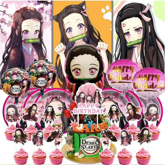 Demon Slayer Nezuko Party Supplies Decor Tableware Backdrop Banner Cake Topper Balloons Birthday Decorations