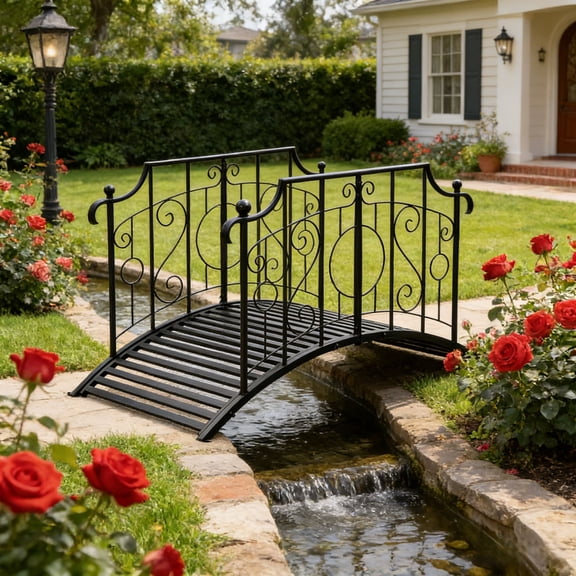 Ktaxon 4ft Flat Top Garden Bridge with Ball Handle Iron Railing for Patio Yard Outdoor, Black