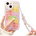 thumbnail image 1 of Funda compatible con iPhone 14, diseño de oso de dibujos animados transparente con correa de muñeca con cuentas de flores para mujeres y niñas, funda protectora completa de TPU suave para iPhone 14 -, 1 of 8