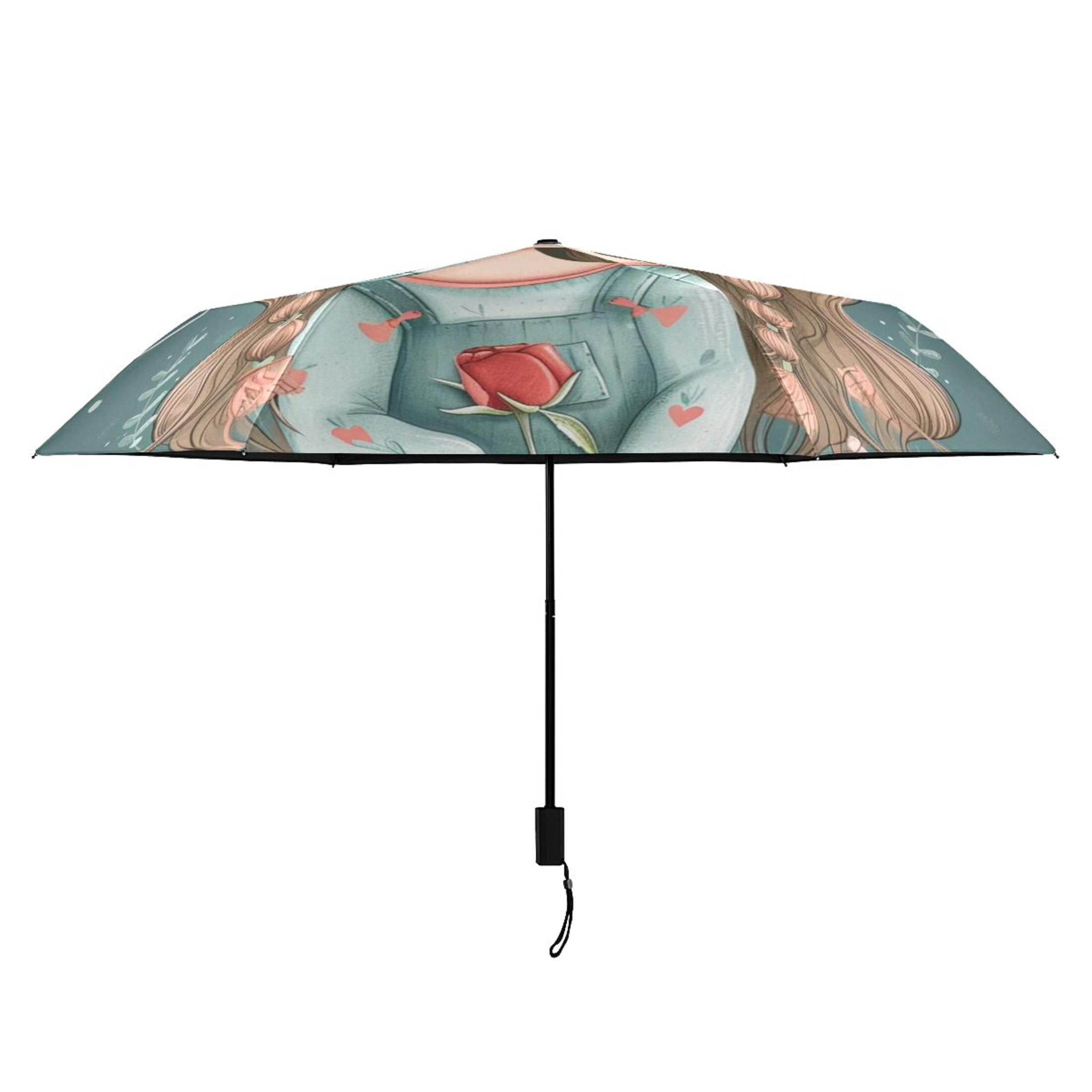 Girl Rose Flowers Compact Sun Umbrella Windproof Travel Umbrellas for Rain Strong Portable UV Protection