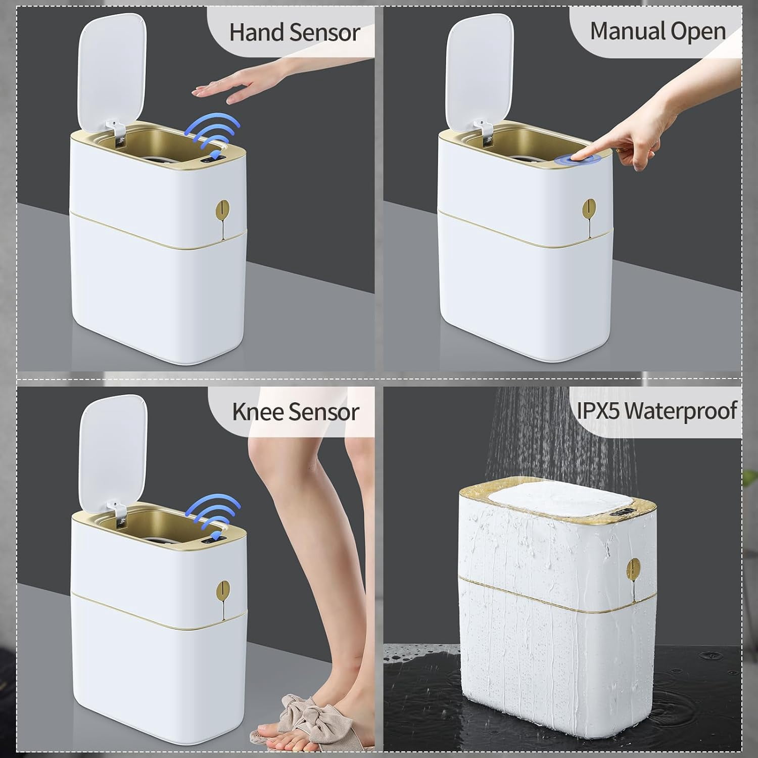 Joybos Automatic Bathroom Trash Can, 3.5 Gallon Plastic Motion Sensor Garbage Bin with Soft Close Lid, White & Gold, 1Pc