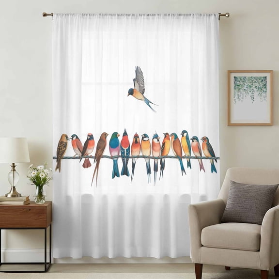 Birds Sheer Curtains 108 Inches Extra Long, Watercolor Bird Vintage Light Filering Curtains, Privacy Drapes Simi Floor to Veiling Curtain for Living Room Bedroom Large Window Treatment