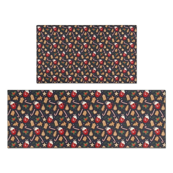 Dark Christmas Drink and Cookie Pattern Kitchen Rugs Sets Of 2,Anti Fatigue Kitchen Mat Rugs Non Slip Washable,Decorative Kitchen Floor Mats for Kitchen,Sink,Laundry,17"x30" 17"x47"