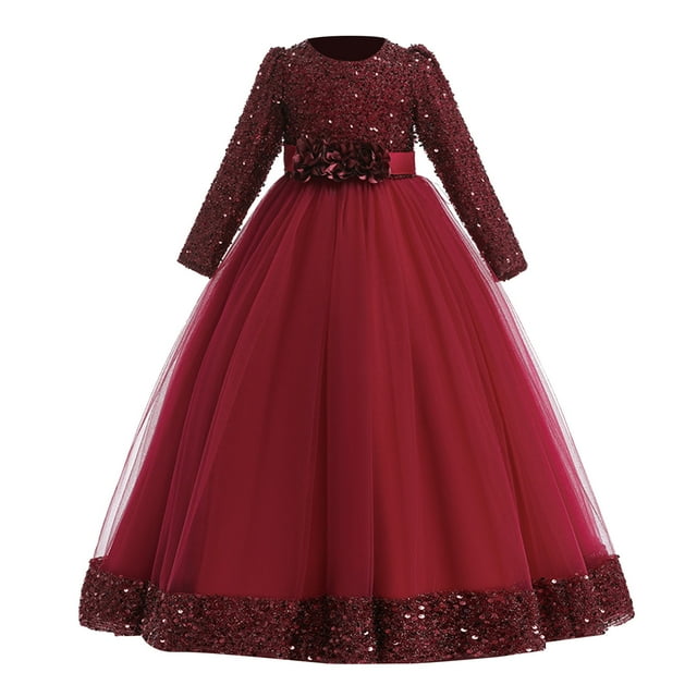 WEAIXIMIUNG Robes 2T-3T Enfants Filles Tout-Petits Noël Manches Longues Imprimé Broderie Dentelle Volants Robe de Soirée Robe de Mariage