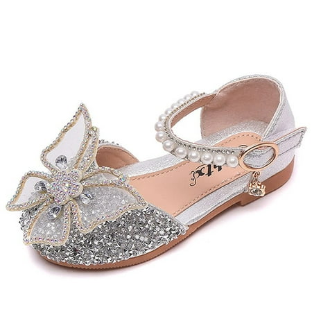 Image of Actoyo Girls Dress Shoes Big Bow Mary Jane Wedding Flower Bridesmaids Low Heels Glitter Sequins Princess Ballet Flats Shoes Silver for Kids (US 10.5 Little Kid)