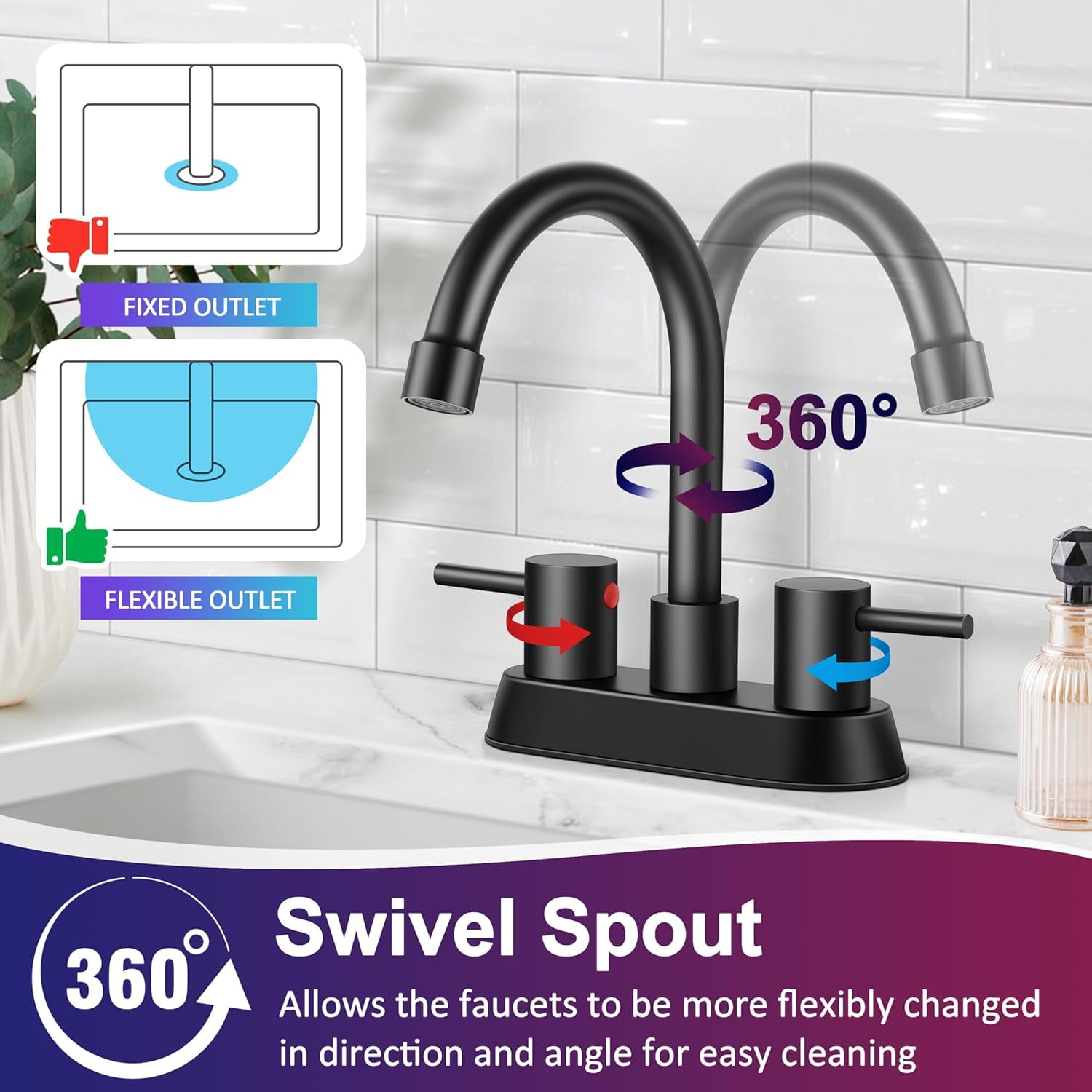 4 Inch 2 Handle Centerset Matte Black Modern Bathroom Faucet 360 Swivel Spout Bathroom Vanity Sink Faucet with Pop Up Drain and Water Supply