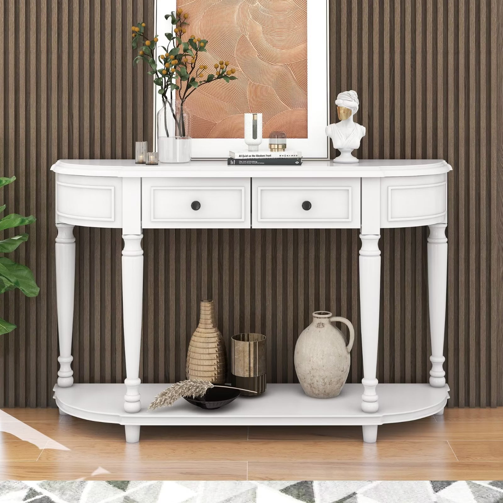Retro Curved Console Table with Open Style Bottom Shelf and 2 Drawers