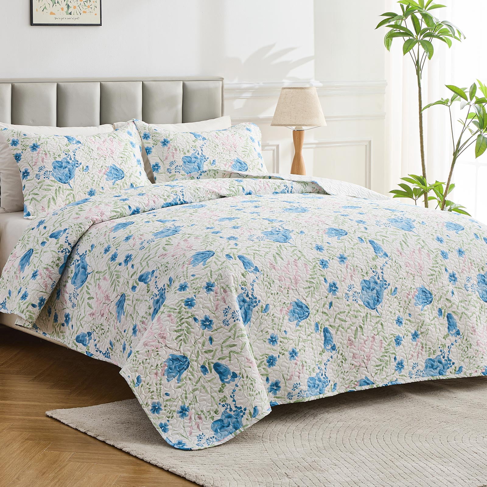 Hitime Luxury Printed Quilt Set King Size, Lightweight Comforter Set, Oversized Bedspread Coverlet Quilted Bedding Set, with 2 Matching Pillowcases, for All Season