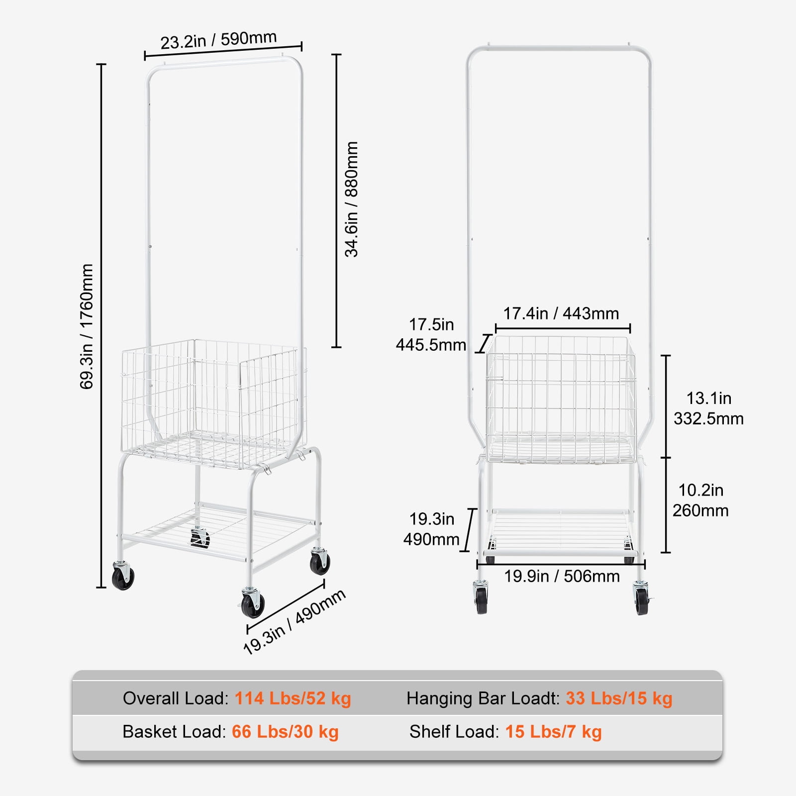 KFFKFF Laundry Cart, Laundry Basket with Wheel and Adjustable Clothes Hanger, Height Adjustable Laundry Butler with Basket