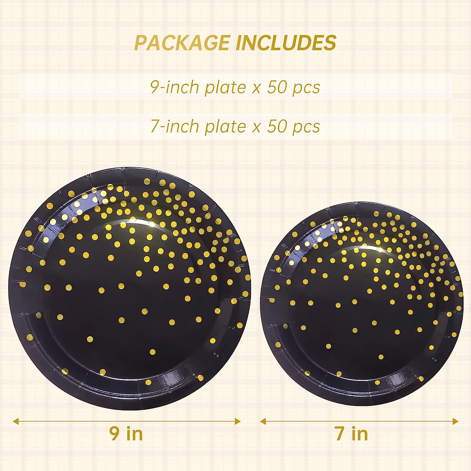 Black and Gold Party Supplies,Black Paper Dessert Plates,100 Pack - 50 x 9" and 50 x 7" Dinner Plates,Disposable Dinnerware Gold Dot Paper Plate for Birthday Retirement Anniversary Party