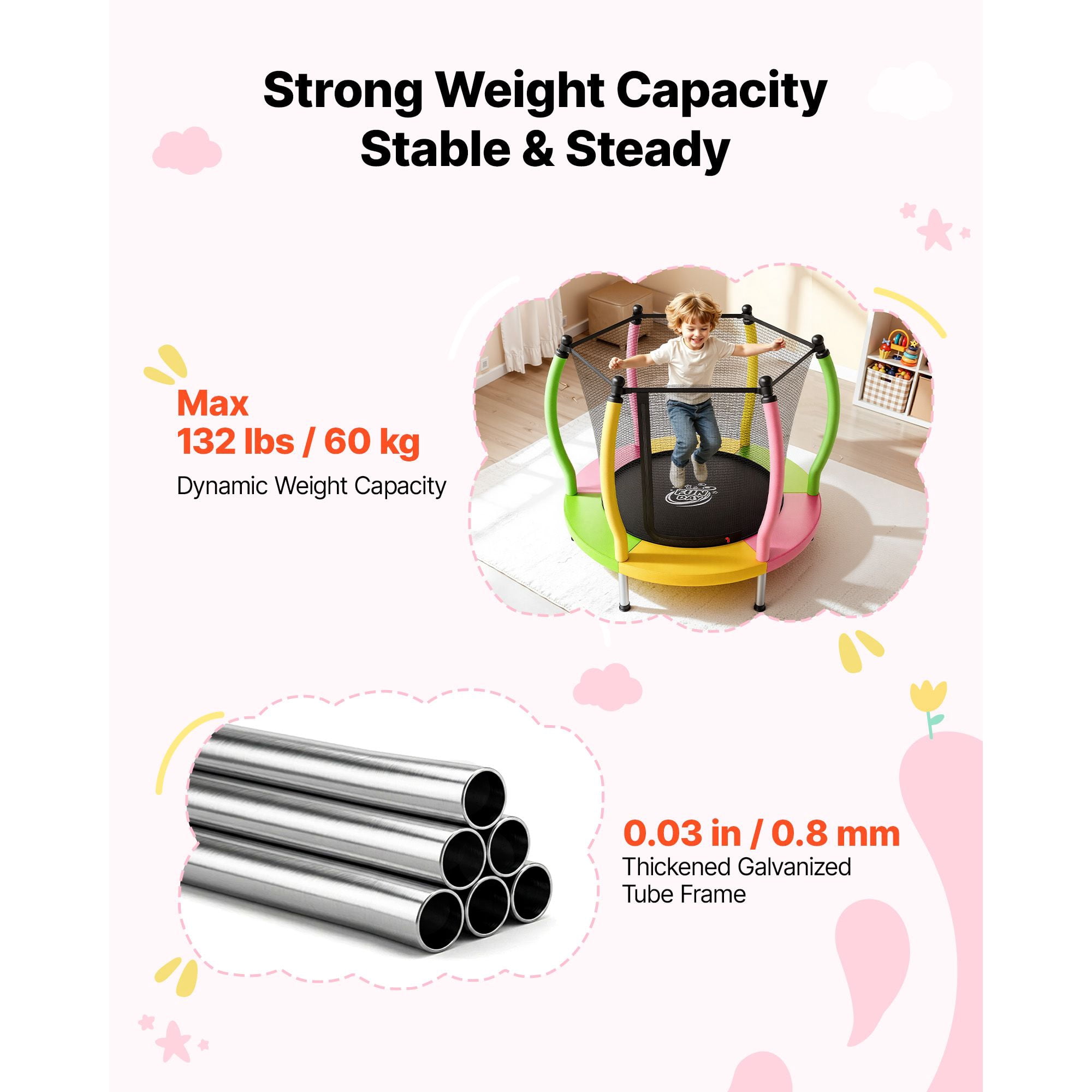 Trampoline for Kids, Toddler Mini Trampoline, 132 lbs Capacity Indoor Outdoor Play Toys with Enclosure Net and Basketball Hoop, Christmas Toys Birthday Gifts for Girls Boys