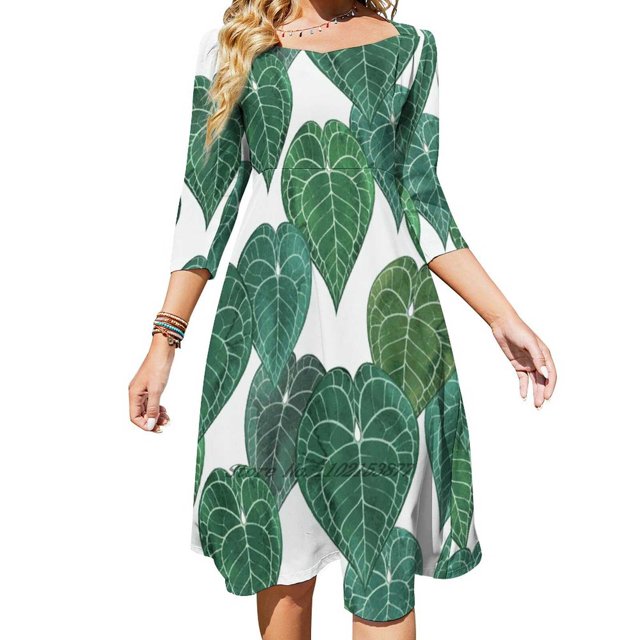 Anthurium Clarinervium Robe Ample à Poches Feuilles Été Sexy Col en V Robe Imprimée Manches Courtes Anthurium Clarinervium
