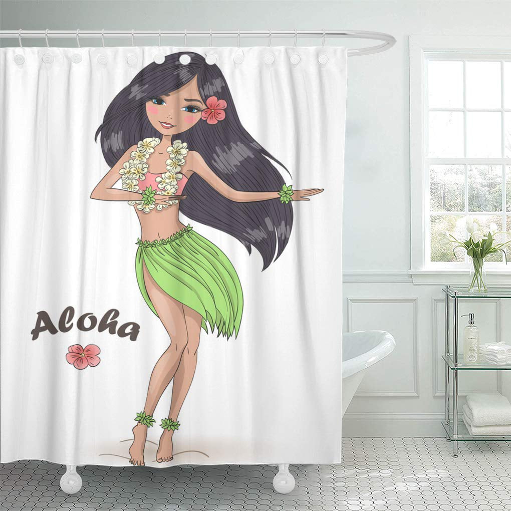 Beautiful Cute Hula Girl and Hibiscus Necklace Shower Curtain Set Bathroom Decor 