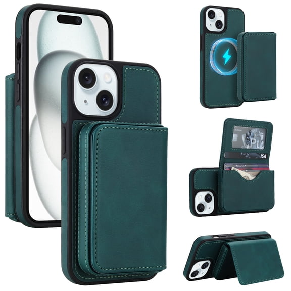 Lunvic for iPhone 15 Wallet Case, Detachable Magnetic Card Holder with ID Window and Cash Pocket, Folding Stand, Wireless Charging Compatible, Green