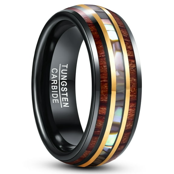 Unisex 8mm Black Gold Tungsten Carbide Rings with Wood Grain and Abalone Shell Inlay