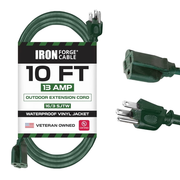 Iron Forge Cable Weatherproof 10 Ft Outdoor Extension Cord - 16/3 SJTW Heavy Duty Green Extension Cord 3 Prong - 13 Amp Exterior Power Cable