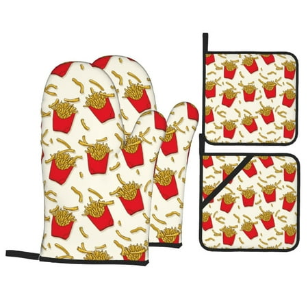 

Oven Mitts and Pot Holders Sets 4 pcs Cute Red Fries Non-Slip Oven Gloves Potholders Soft Quilted Lining Heat Resistant Gloves Hot Pads for Kitchen Cooking Baking