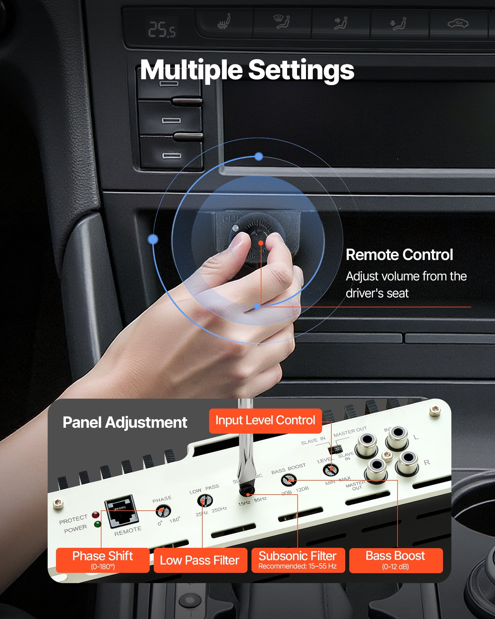 VEVOR Monoblock Car Amplifier, 800W RMS MAX, 1/2/4 Ohm Stable, 1-Channel Class D Car Audio Amplifier with Remote Subwoofer Level Control, Low Pass Filter, Bass Boost & Phase Shift, Volume Controller