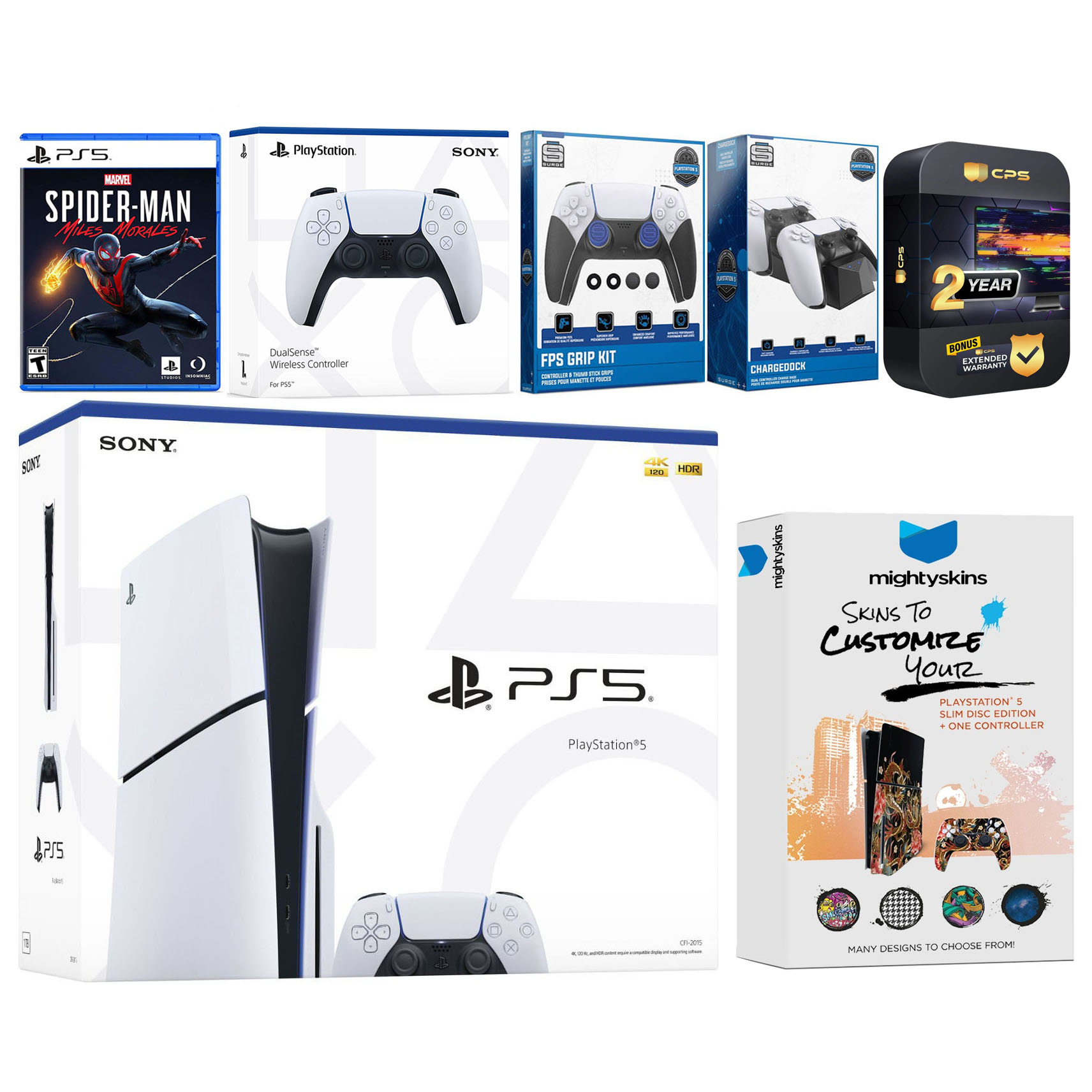 Sony Playstation 5 Slim Disc with Spider-Man: Miles Morales, Extra White Controller, FPS Grip Kit, Charge Dock and MightySkins Decal Voucher + 2 Year CPS Extended Warranty