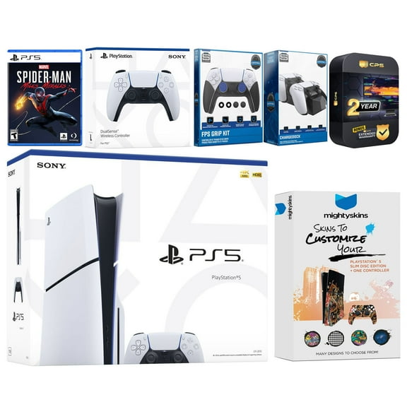 Sony Playstation 5 Slim Disc with Spider-Man: Miles Morales, Extra White Controller, FPS Grip Kit, Charge Dock and MightySkins Decal Voucher   2 Year CPS Extended Warranty