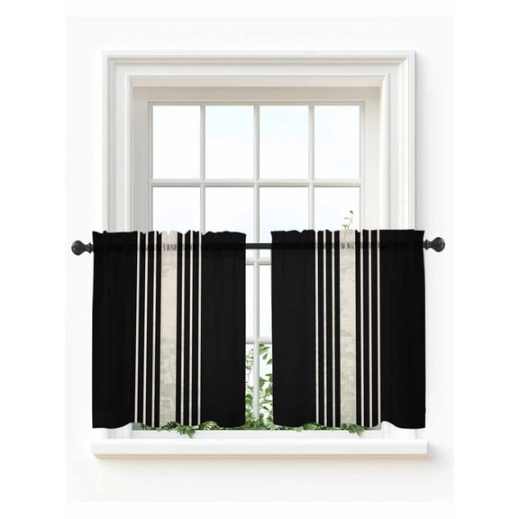 Black Beige Striped Tier Curtains 36 Inch Length,Sheer Curtains for Bedroom Living Room Window Modern Farmhouse Retro Lines Rod Pocket Drapes Kitchen Curtains Small Half Window 27.5"x36" 2 Panels