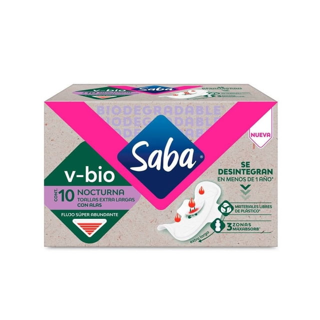 Toallas femeninas Saba v-bio nocturna extra larga con alas flujo súper abundante 10 pzas