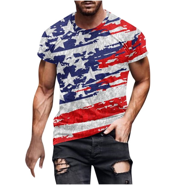 Camisas de Manga Larga para Hombres Día de la Independencia Casual Impreso Cuello Redondo de Manga Corta, Camiseta Blusa para Diario