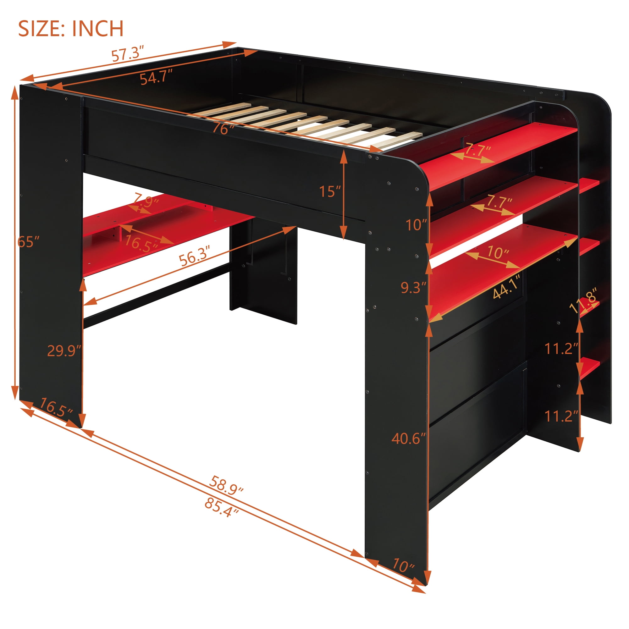 Aukfa Full Size Loft Bed with Desk, Wardrobe, USB Port and RGB Lights, Wood Gaming Loft Bed for Kids Teens Adults, Red