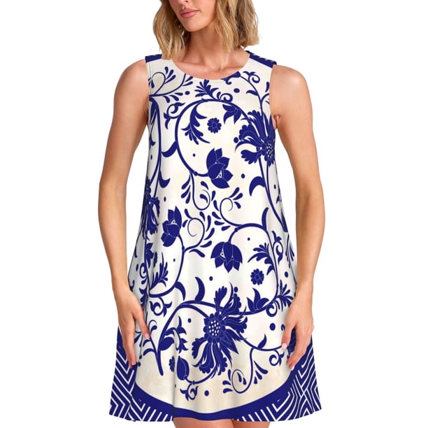 Fotbe Blue And White Porcelain Pattern Vestido de Verano sin Mangas para Mujer – Vestido Midi Línea A, Estilo Camiseta Floral, Vestido Playero Casual y Fluido
