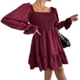 thumbnail image 3 of Womens Mini A-Line Dress Sexy Long Sleeve Square Neck Smocked Ruffle Plain Dresses Apricot XL, 3 of 5