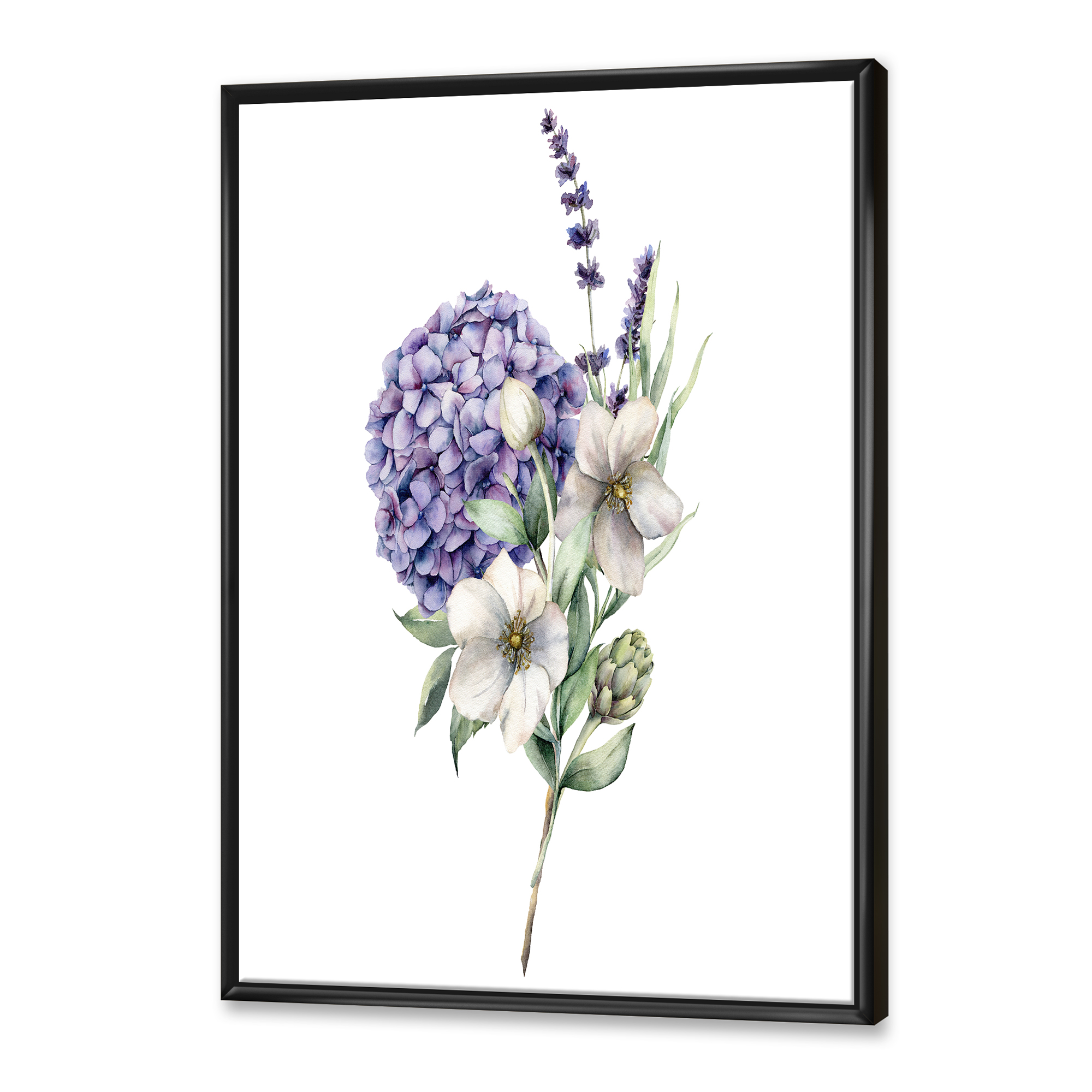 Bouquet Of Lavender Anemone Artichoke & Hydrangea 12 in x 20 in Framed Painting Canvas Art Print, by Designart