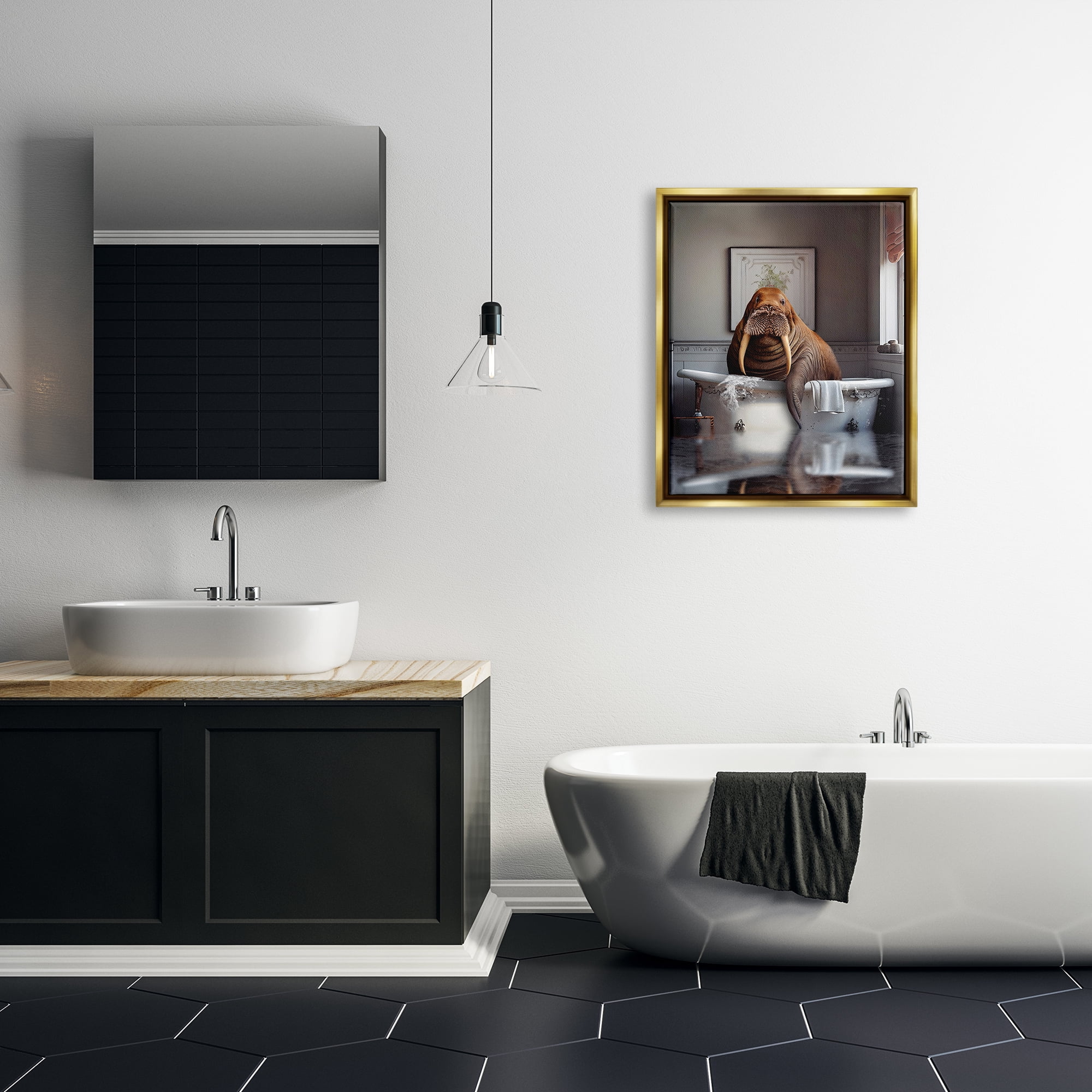 Stupell Industries Walrus in Bathtub Animals & Insects Painting Gold Floater Framed Art Print Wall Art, 25 x 31